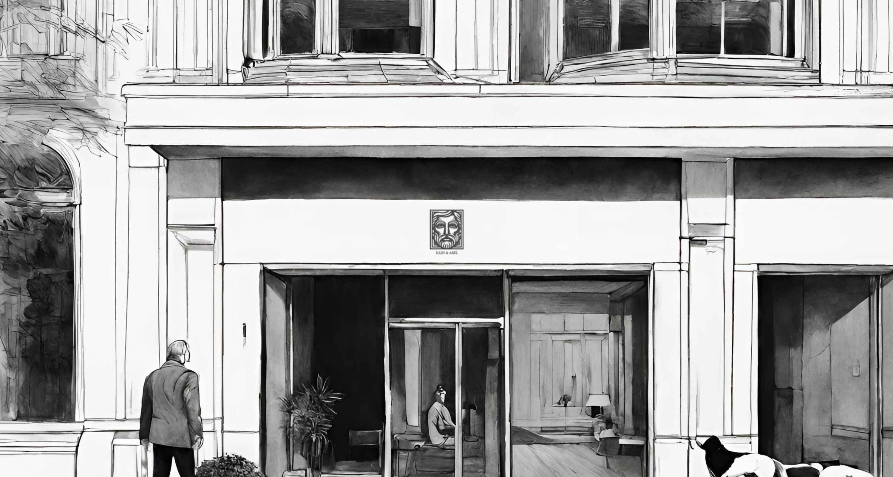 Black and white illustration of a building facade with large windows. A person is sitting inside, visible through the glass doors. A man is walking on the sidewalk, and a cat is near the entrance, creating a serene street scene.