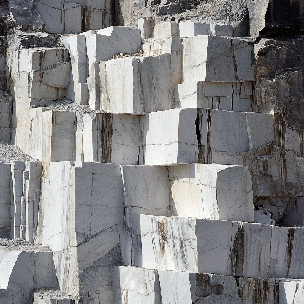 A quarry of large, rectangular blocks of white and grayish stone, stacked unevenly with visible striations and rough textures. The sunlight casts shadows, highlighting the geometric shapes and the stone's natural variations.