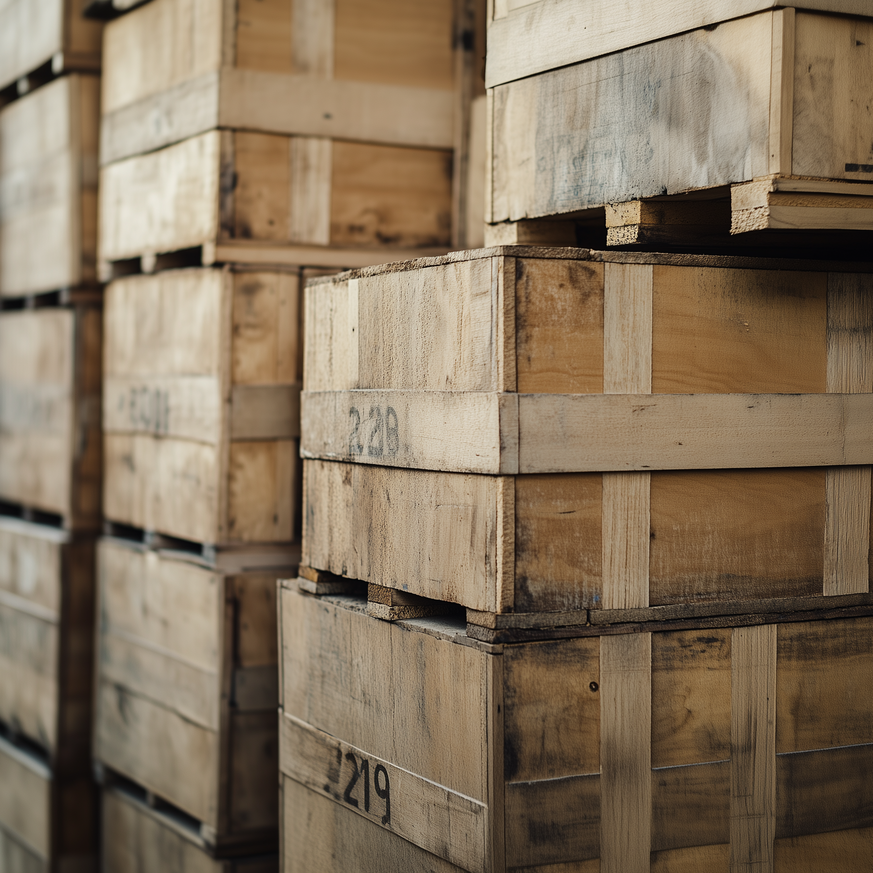 A close-up of stacked wooden crates with visible markings and numbers on their sides. The crates appear weathered and are tightly packed together, suggesting storage or shipment in an industrial setting.