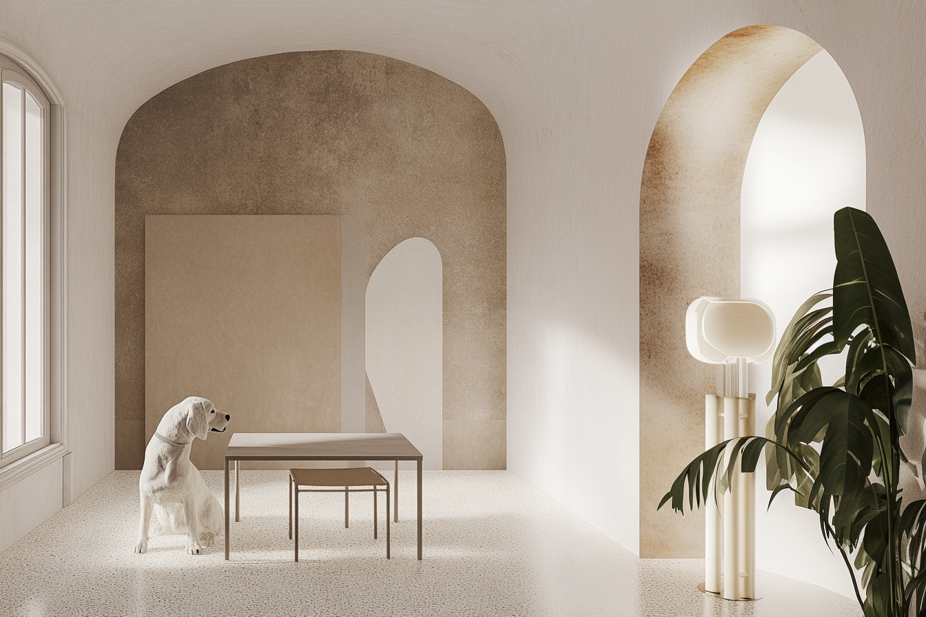 A minimalistic room with beige walls and white flooring, featuring a dog sitting on a chair at a wooden table. The space includes an arched doorway, a large window, and a modern lamp next to a potted plant.
