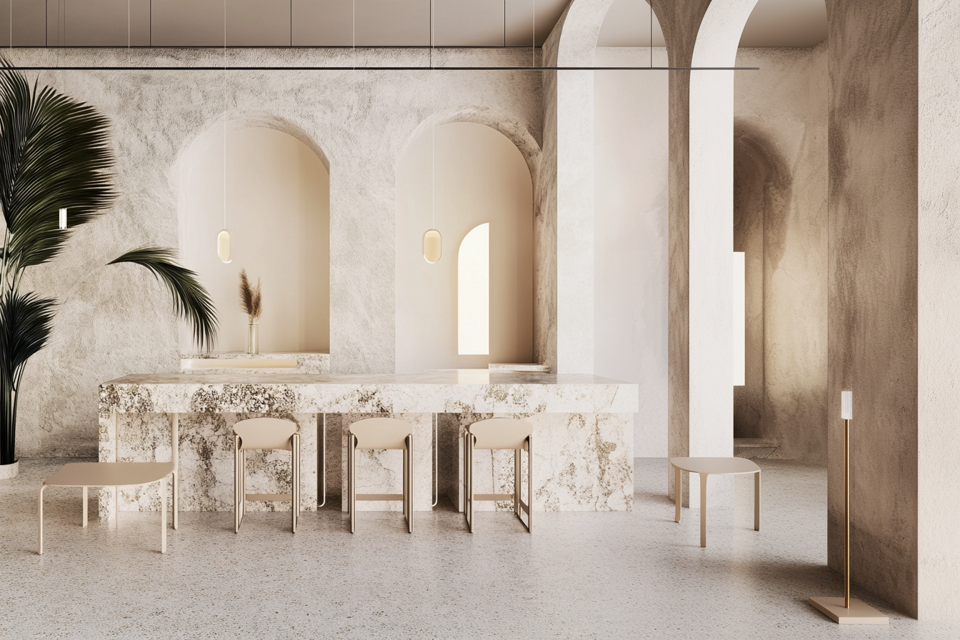 Modern, minimalist interior with a textured stone bar, light wooden stools, and arched alcoves in a neutral color palette. A potted plant adds greenery. The space is bathed in soft, natural light from large windows.