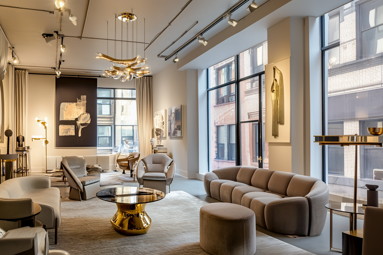A modern living room with plush beige sofas, armchairs, and a gold coffee table. Large windows let in natural light, illuminating abstract wall art and a gold chandelier. The room has a contemporary and elegant design.